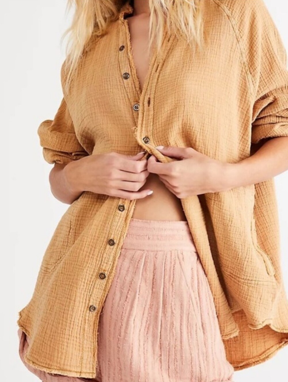 We The Free XL Cotton Gauze Button Down Tunic Shirt Boho Oversized Beige